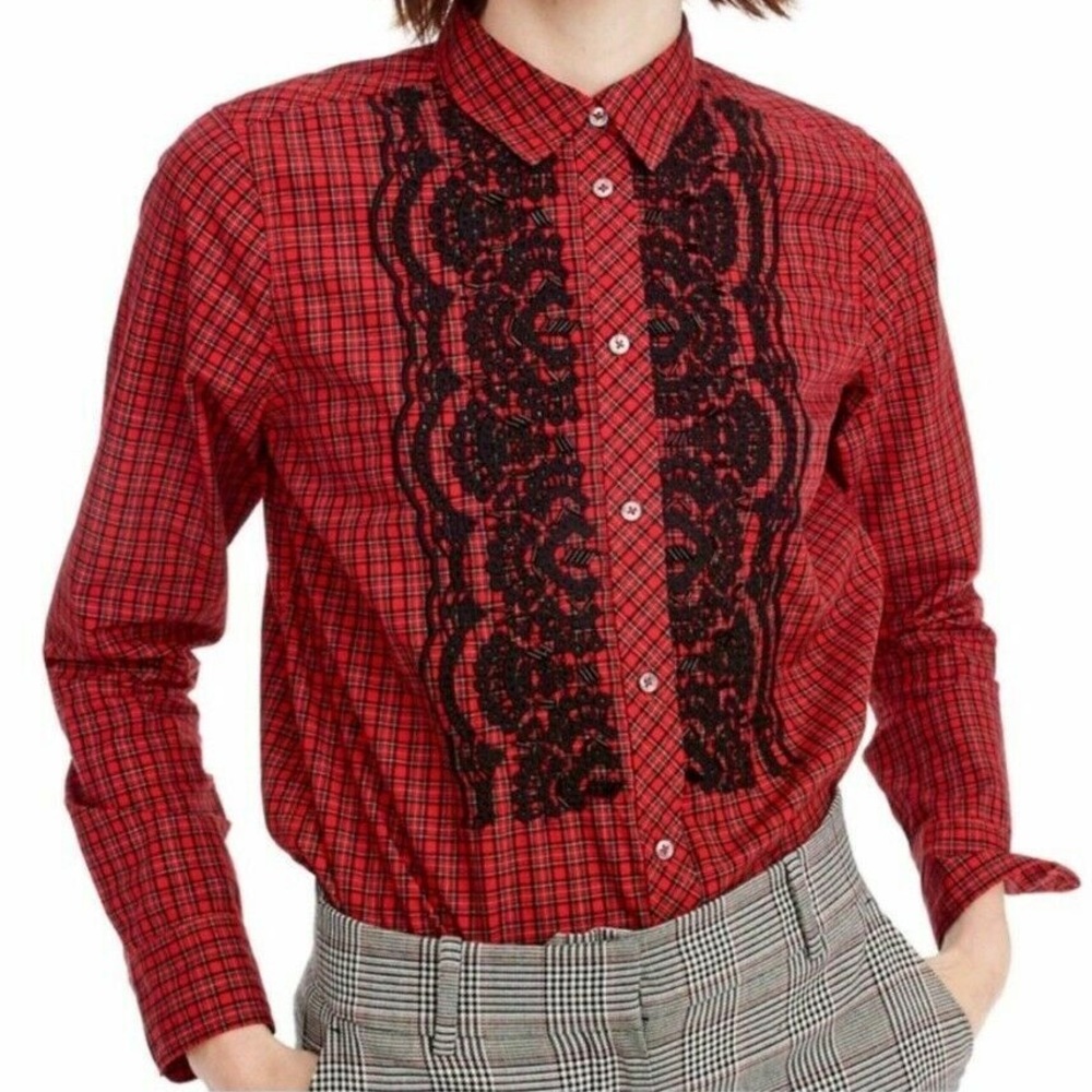 J Crew Womens Red Black Beaded Embellished Plaid Boy Shirt Top Blouse Size 4